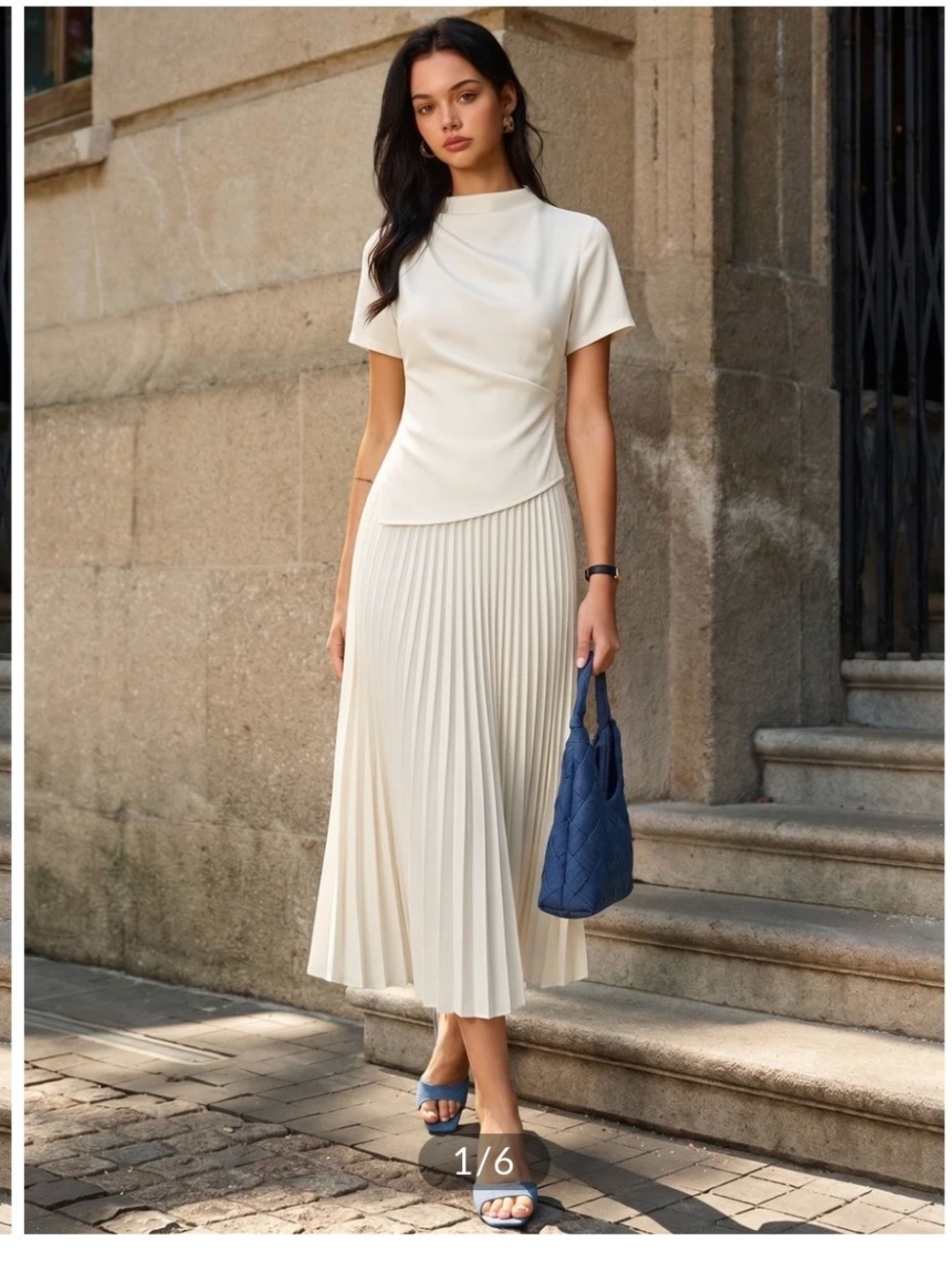 Commense Cream Pleated Midi Skirt with Asymmetric Waist